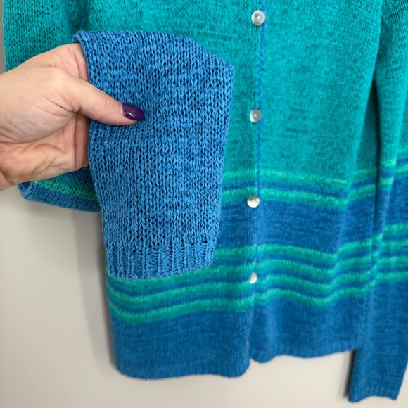 Vintage Women's 90's Teal Blue Knit Cardigan Sweater Striped Button Down Casual - Picture 2 of 5